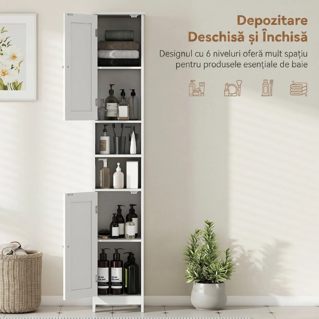 HOMCOM Dulap Înalt de Baie cu 2 Rafturi Deschise și 2 Dulapuri în Lemn Alb | Aosom Romania