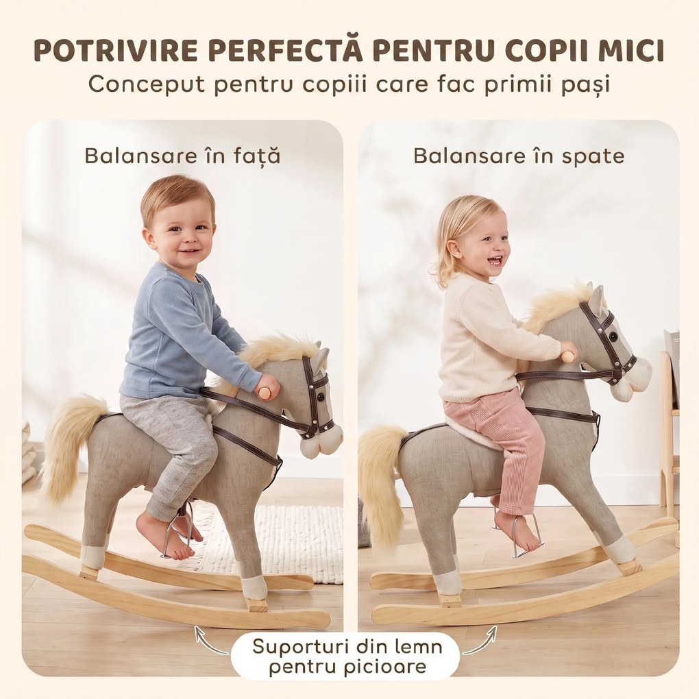 AIYAPLAY Cal Balansoar pentru Copii cu Bază din Lemn, Sunete și Mânere de Siguranță, 12-36 Luni, Gri | Aosom Romania