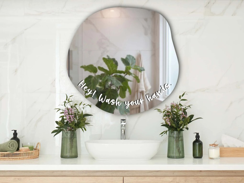 Autocolant pentru oglindă S47 – Hey! Wash your hands. (round)