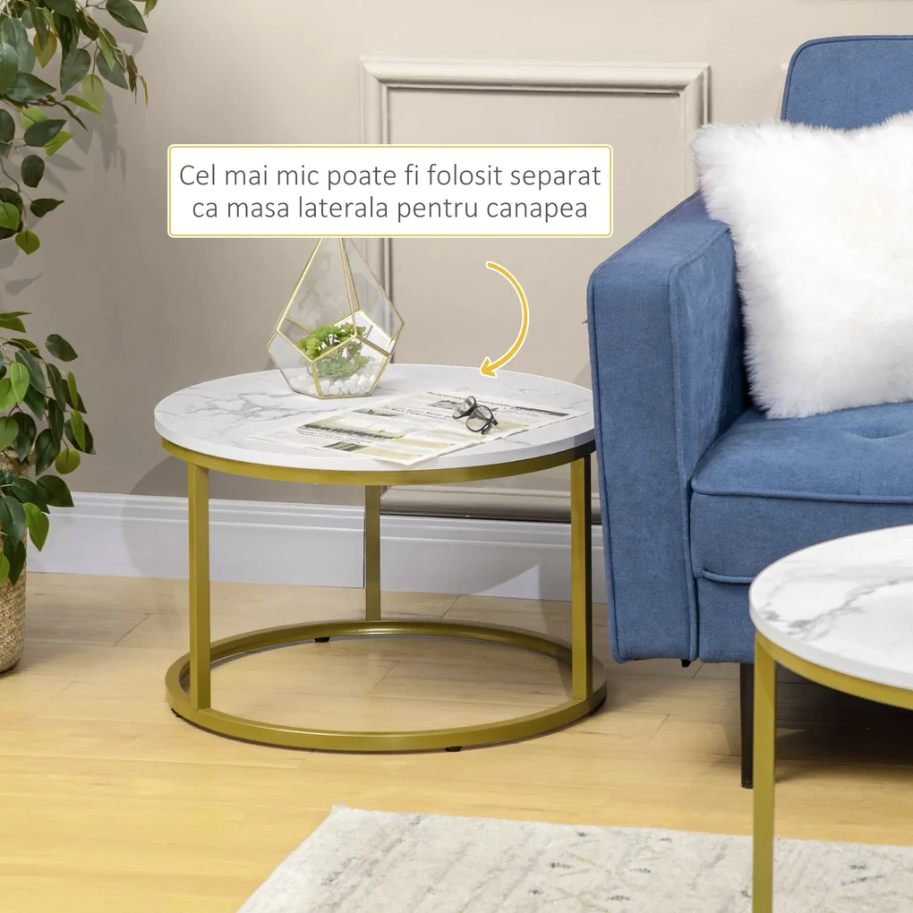 HOMCOM Set de 2 mese rotunde, set de masute de cafea stivuite cu cadru metalic pentru camera de zi, alb | Aosom Romania