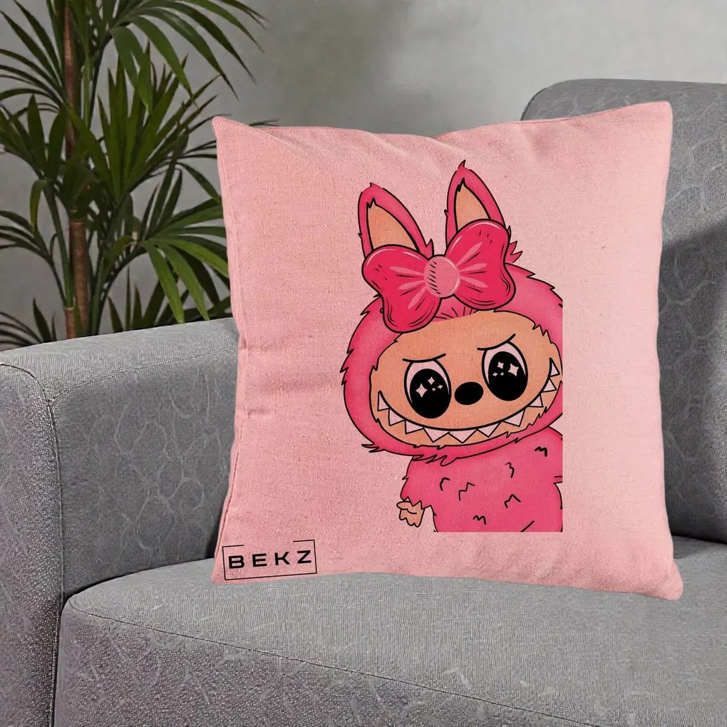 Perna Personalizata Labubu Roz cu Funda, 40x40 cm, Roz, Husa Detasabila, Perna Inclusa, BEKZ®