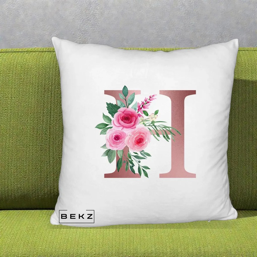 Cadou Personalizat - Perna Personalizata Monograma Rose Gold Litera H, 40x40 cm, Alb Pufos, Husa Detasabila, Perna Inclusa, BEKZ®