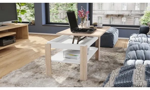 Măsuță de cafea pliabilă cu blat rabatabil cu raft ADEN stejar sonoma/alb