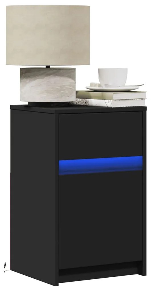 vidaXL Noptieră cu lumini LED, negru, lemn prelucrat