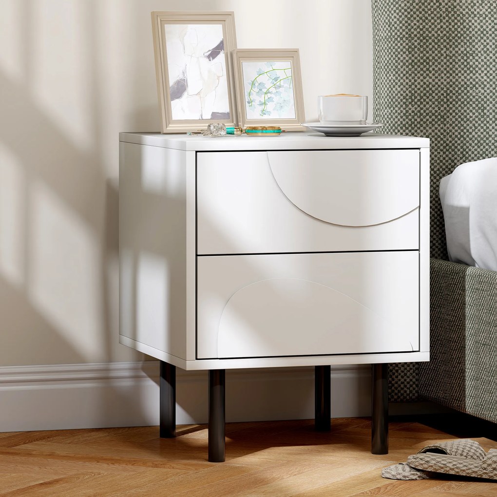 HOMCOM Noptieră, masă de alături cu 2 sertare cu deschidere prin apăsare, picioare din oțel, 40 x 40 x 50 cm, alb | Aosom Romania