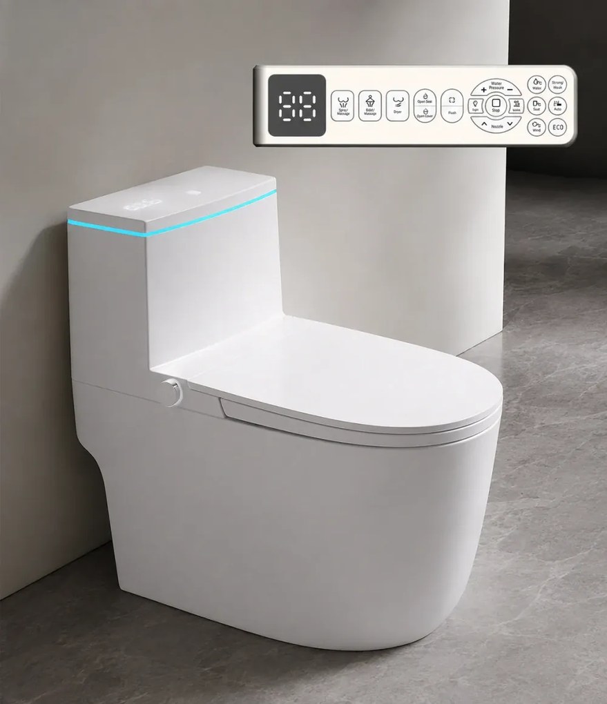 Smart WC 909 – Vas de Toaletă Inteligent cu Bideu Integrat, Rezervor Încorporat, Afișaj LED, Încălzire Colac, Uscare cu Aer Cald, Iluminare Ambientală RGB, Telecomandă, Ceramică Premium, Alb
