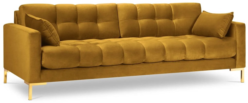 Canapea 3 locuri Mamaia cu tapiterie din catifea, picioare din metal auriu, galben