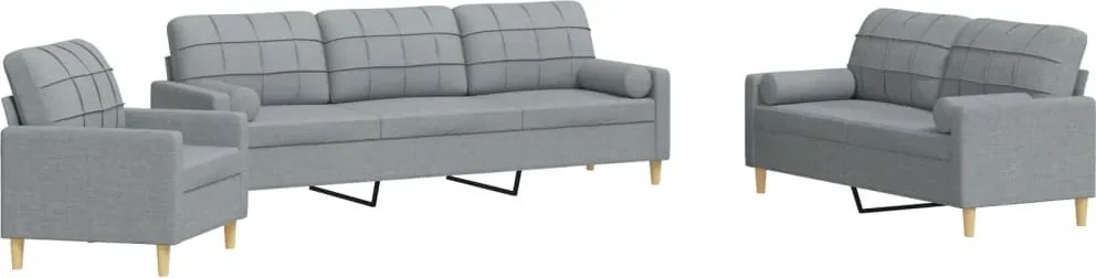 vidaXL Set de canapele cu perne, 3 piese, gri deschis, textil