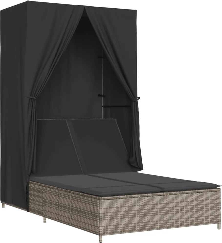 vidaXL Șezlong de plajă dublu cu acoperiș și perdele, gri, poliratan
