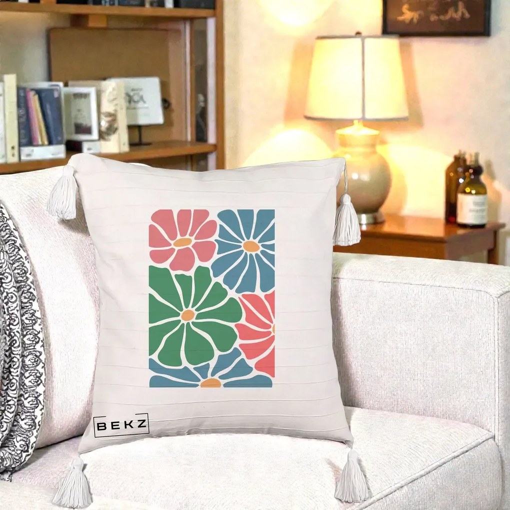 Perna Decorativa Flori Grafice Verde-Roz-Albastru, 40x40 cm, Bej cu Franjuri, Husa Detasabila, Perna Inclusa, BEKZ®