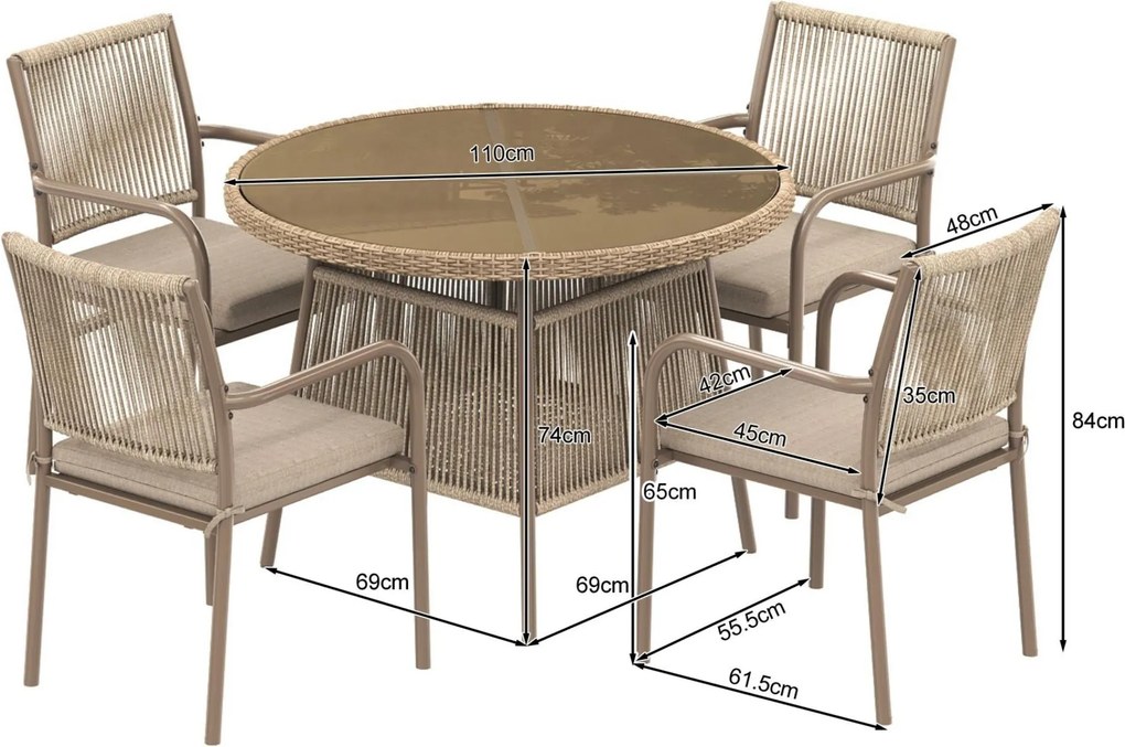 Set mobilier de grădină modern, 5 piese, masă rotundă cu blat din sticlă securizată, 4 scaune cu brațe cu spătar din sfoară, Maro