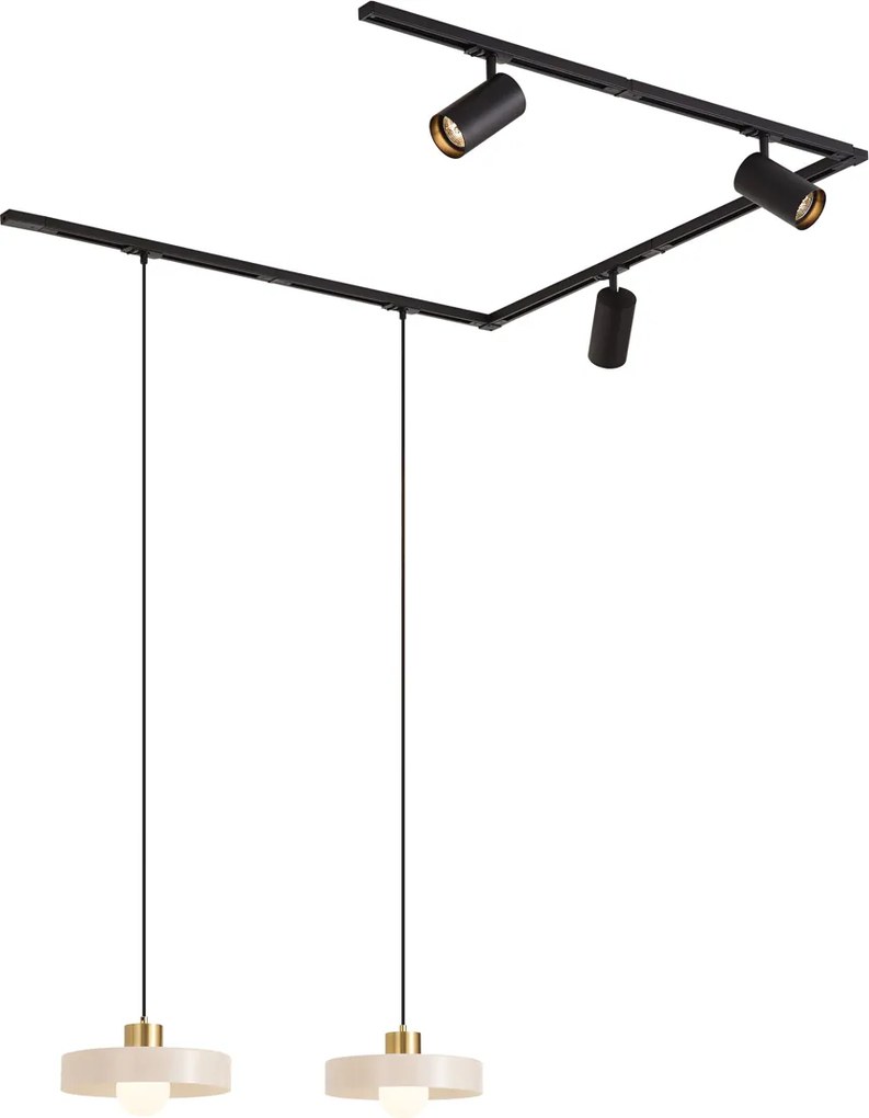 Sistem de șină modern negru cu 2 pendule albe și 3 spoturi monofazate - Iconic Jeana Luxe Jina
