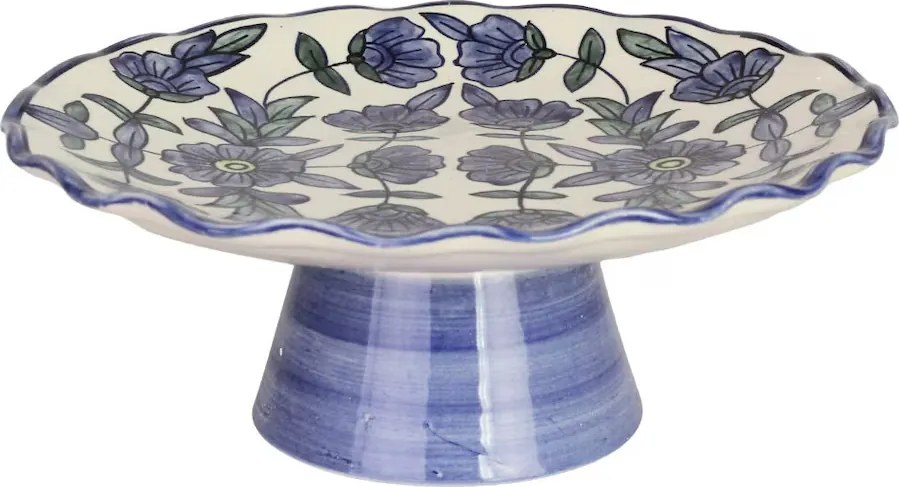 Platou pe picior din ceramică pictată manual, Ø 25 x H 9 cm, albastru, „Selina"