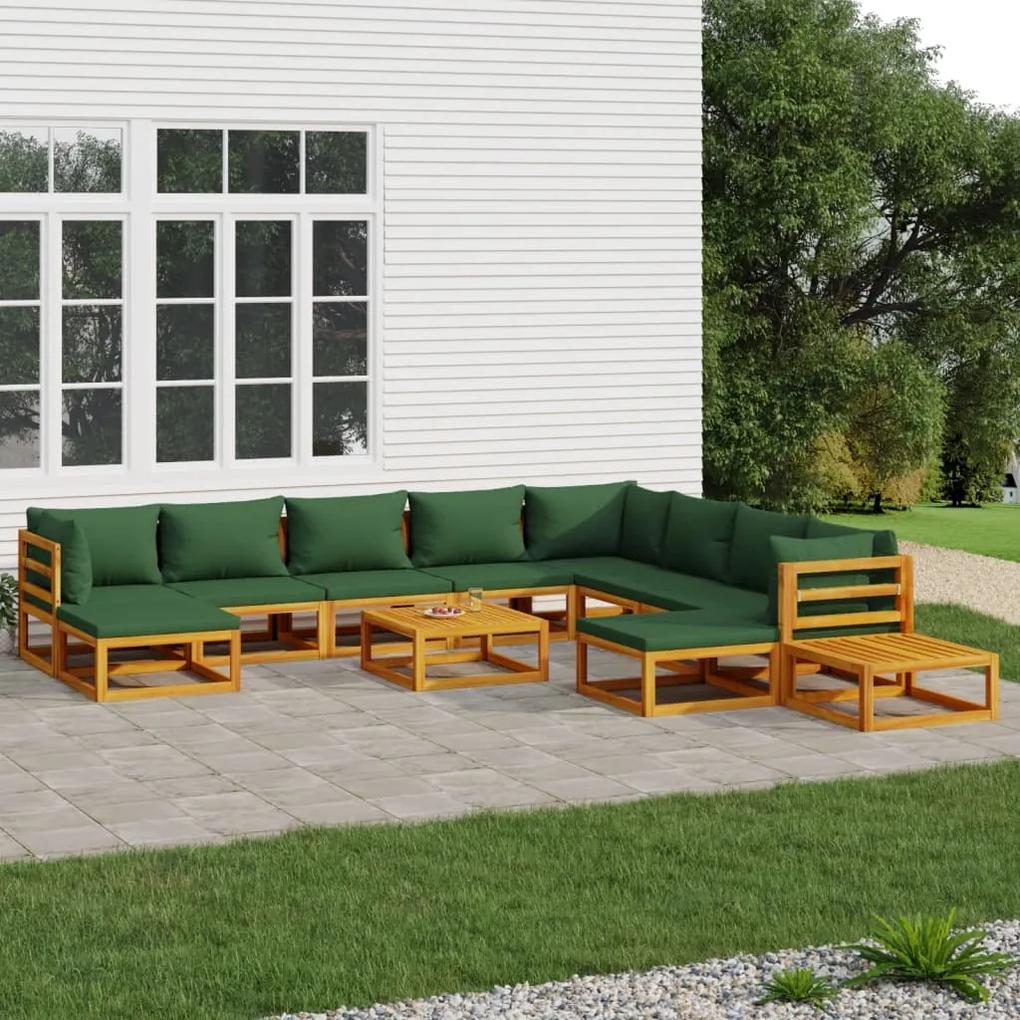 Set mobilier de gradina cu perne verzi, 12 piese, lemn masiv