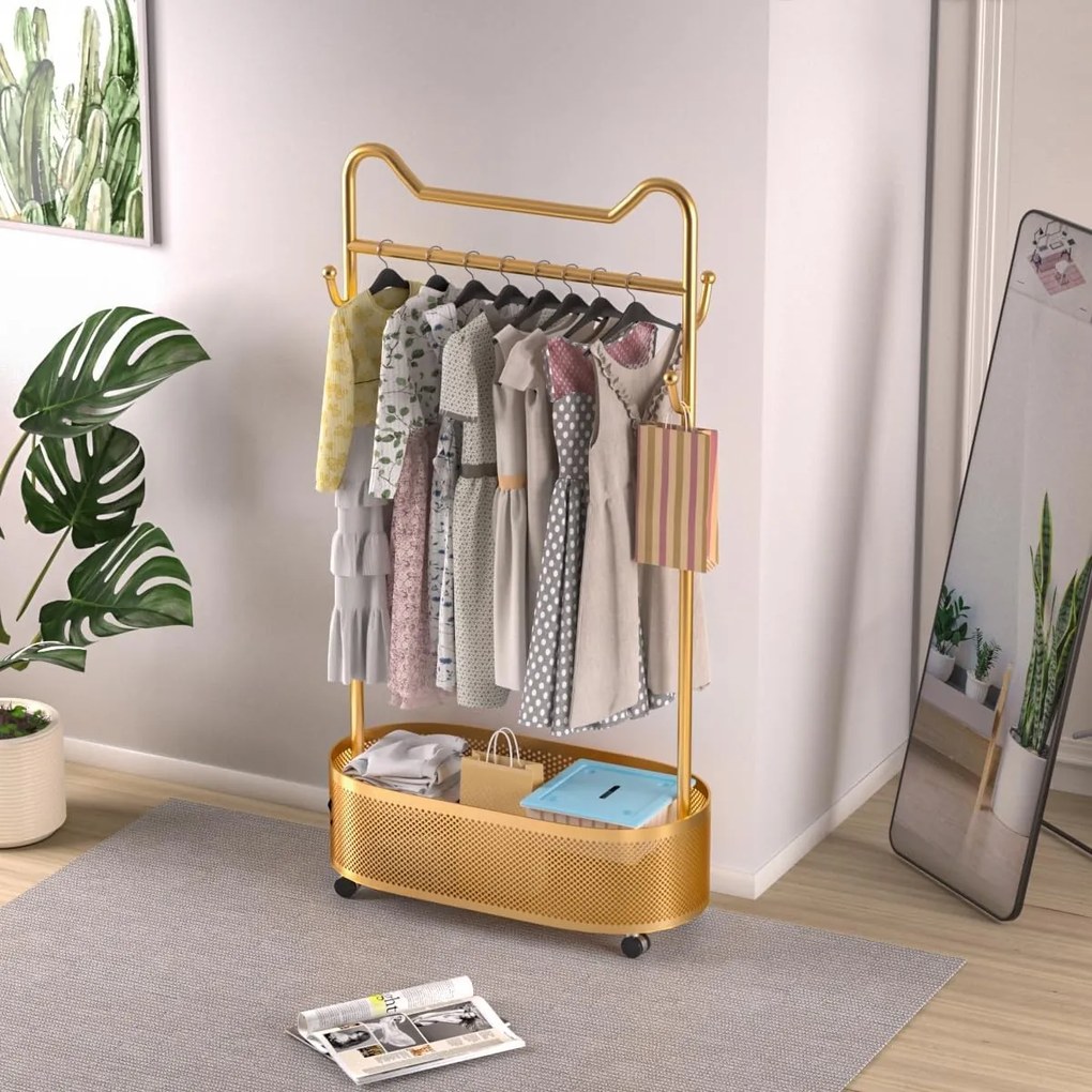 SUAU8 - Suport Haine cu spatiu depozitare, 180 cm inaltime, pentru haine, dressing, dormitor - Auriu / Alb
