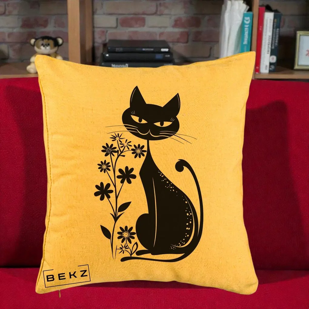 Perna Decorativa Pisica Neagra Grafica Minimalista, 40x40 cm, Galben, Husa Detasabila, Perna Inclusa, BEKZ®