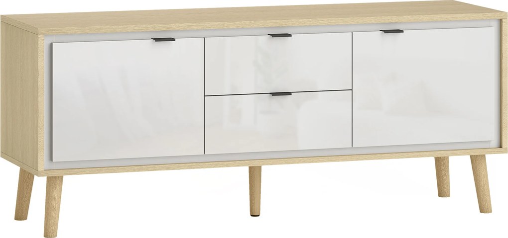 HOMCOM Dulap TV, pentru televizoare până la 140 cm, 2 uși lucioase, 2 sertare silențioase, 120 x 35 x 50 cm, alb | Aosom Romania