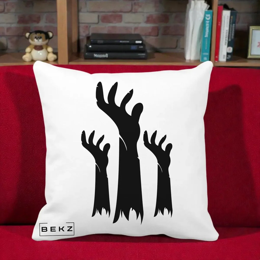 Perna Decorativa Halloween Maini Zombie Alb-Negru, 40x40 cm, Alba Mata, Husa Detasabila, Perna Inclusa, BEKZ®