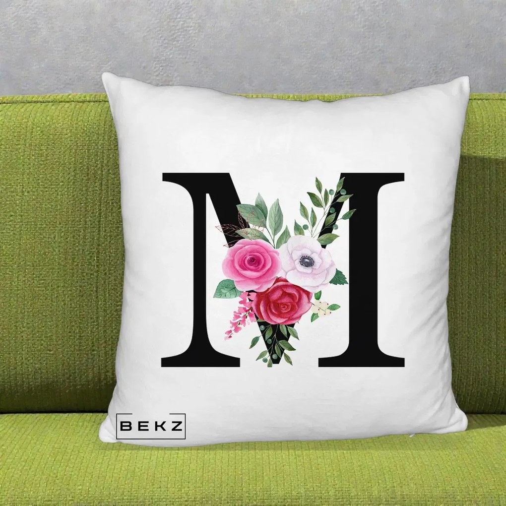 Cadou Personalizat - Perna Personalizata Monograma Florala Litera M cu Trandafiri si Anemona, 40x40 cm, Alb Pufos, Husa Detasabila, Perna Inclusa, BEKZ®
