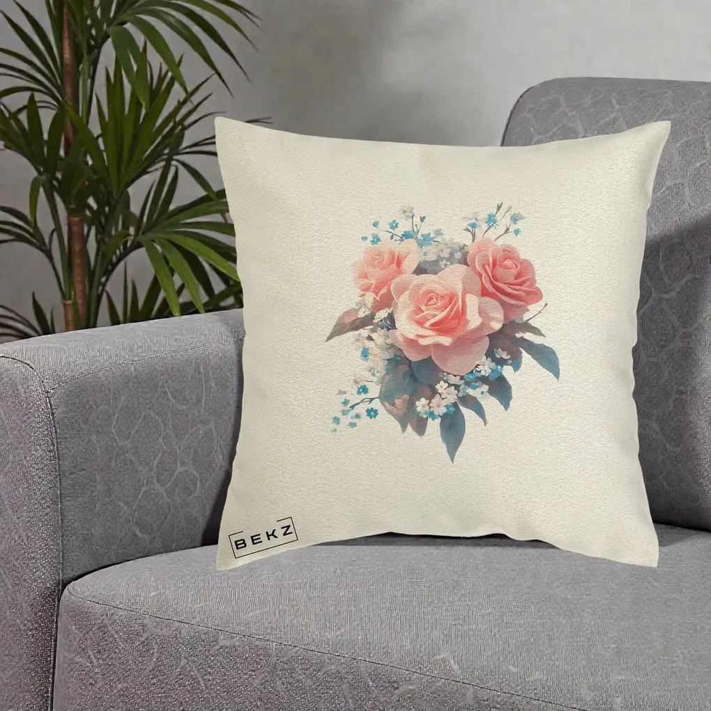Perna Decorativa Trandafiri Roz cu Floricele Albastre, 40x40 cm, Ecru, Husa Detasabila, Perna Inclusa, BEKZ®
