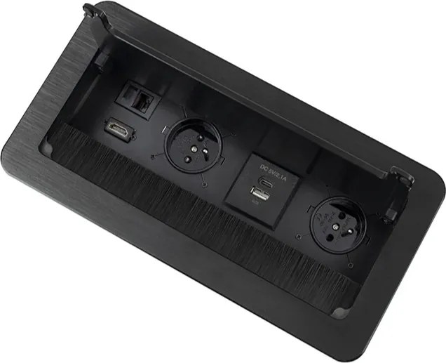 Priza incorporabila in blat Inbox Design Light, 2 prize Schuko, USB A + C, HDMI, RJ45, negru, 271 x 136 mm Otel Aluminiu, Negru, L:271 mm; l:136 mm;