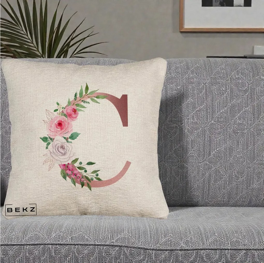 Cadou Personalizat - Perna Personalizata Monograma Rose Gold Litera C, 40x40 cm, Bej Canapea, Husa Detasabila, Perna Inclusa, BEKZ®
