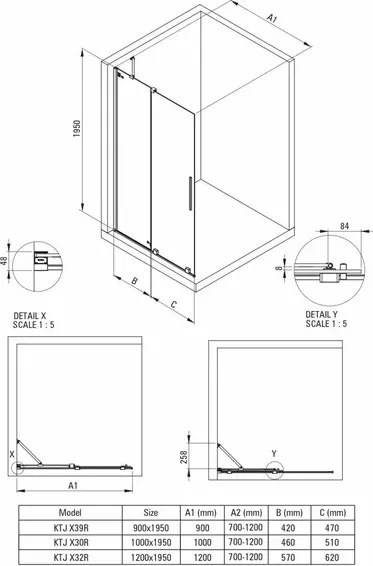 Paravan dus sticla securizata walk-in cu usa glisanta, 140x195 cm, auriu periat, Deante Prizma Auriu periat, 1400x1950 mm