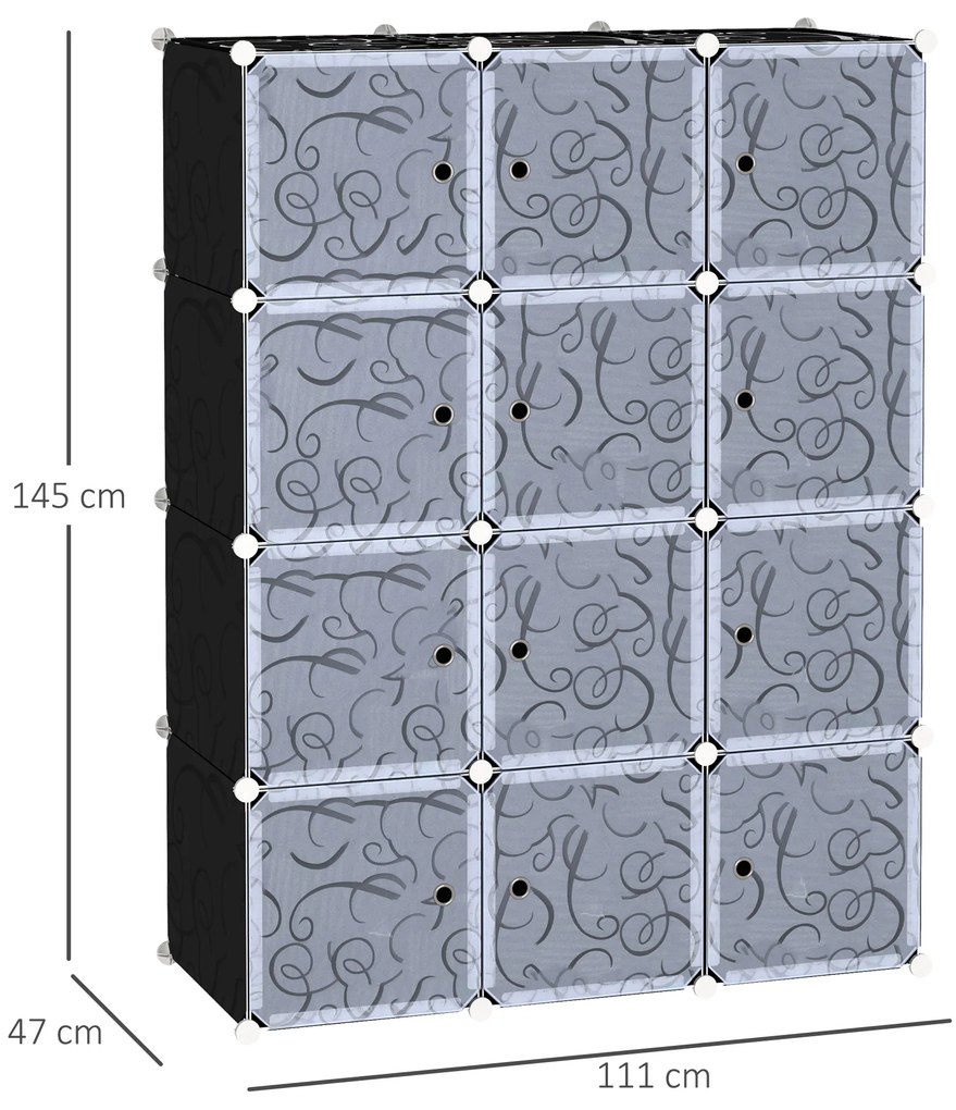 HOMCOM Dulap Modular pentru Haine, 12 Cuburi, DIY, Polipropilenă, Alb și Negru, 111x47x145 cm | Aosom Romania