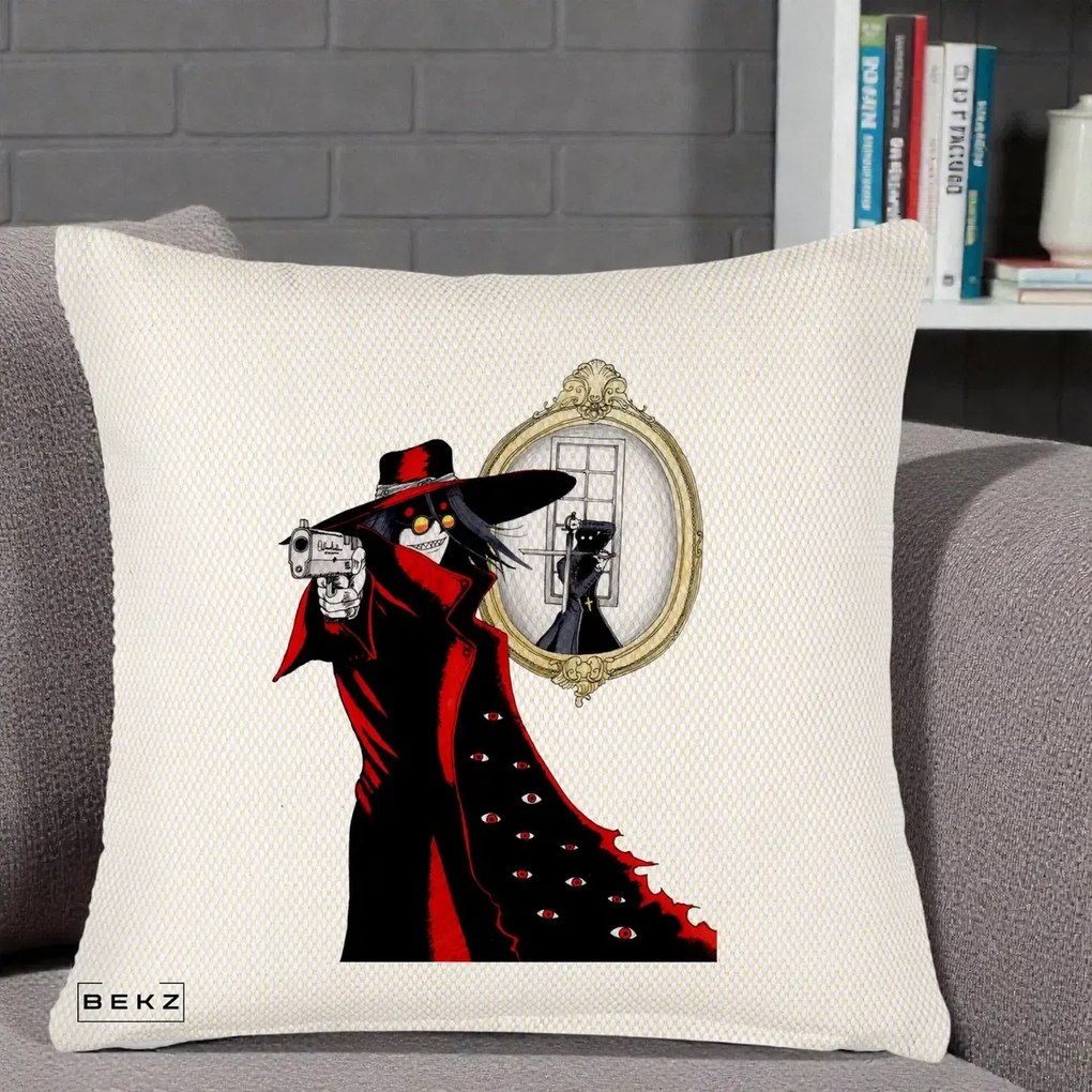 Perna Personalizata Hellsing Alucard cu Pistoale, 40x40 cm, Crem Reliefat, Husa Detasabila, Perna Inclusa, BEKZ®
