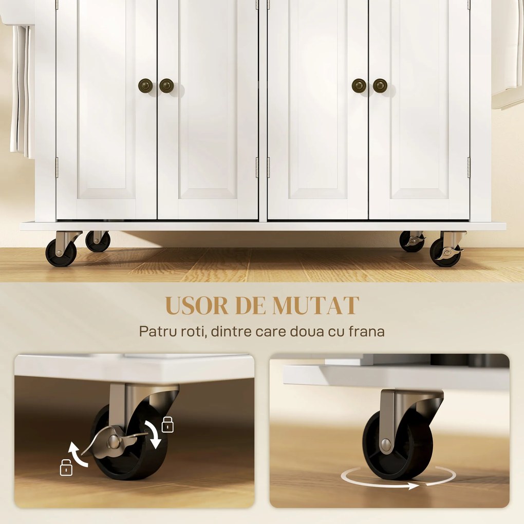 HOMCOM Carucior Bucatarie Sertare Dulapuri 4 Roti Lemn 111x44.5x82.5cm Alb | Aosom Romania