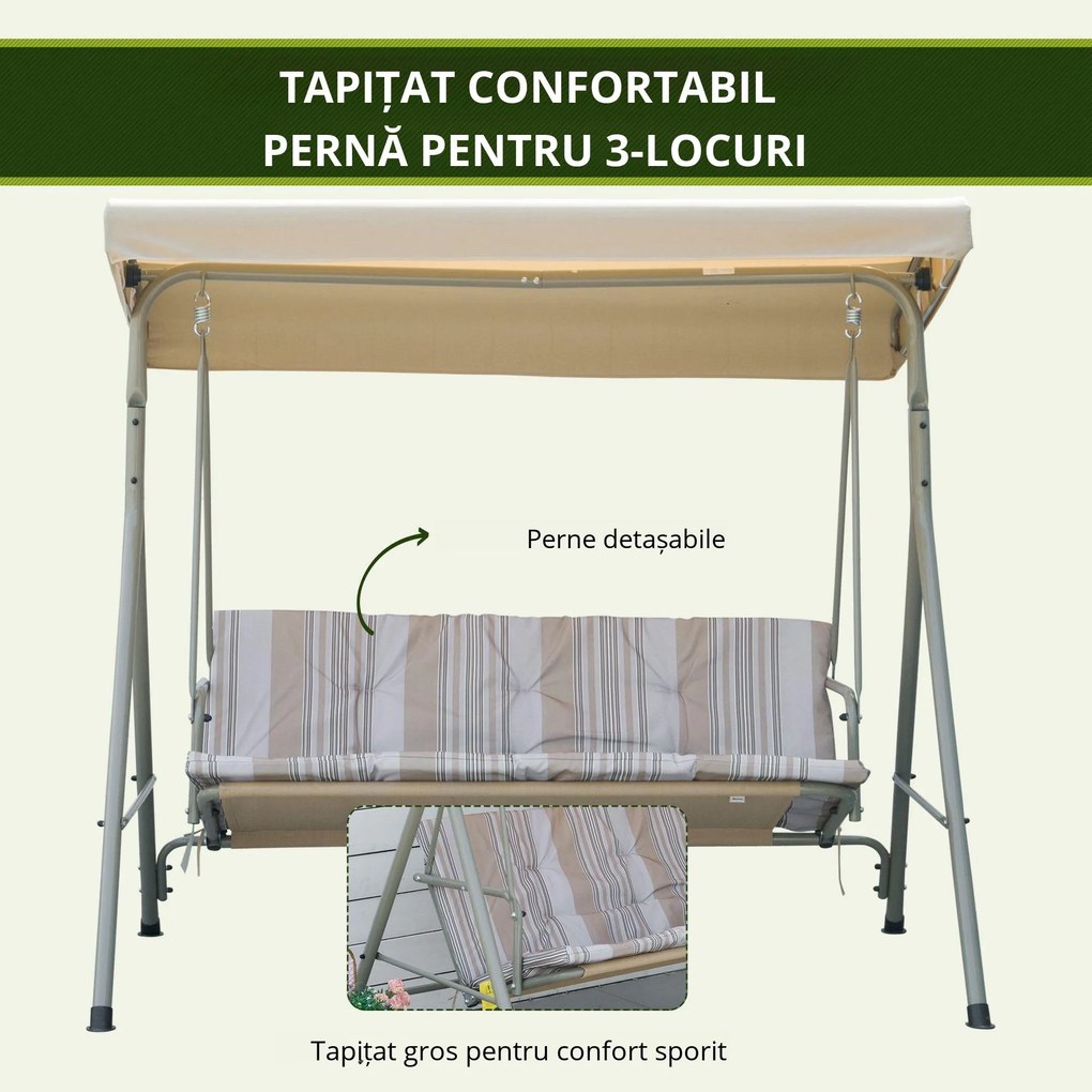 Outsunny Leagan de gradina cu 3 locuri cu structura din otel si baldachin reglabil, perne si cotiere captusite | Aosom Romania