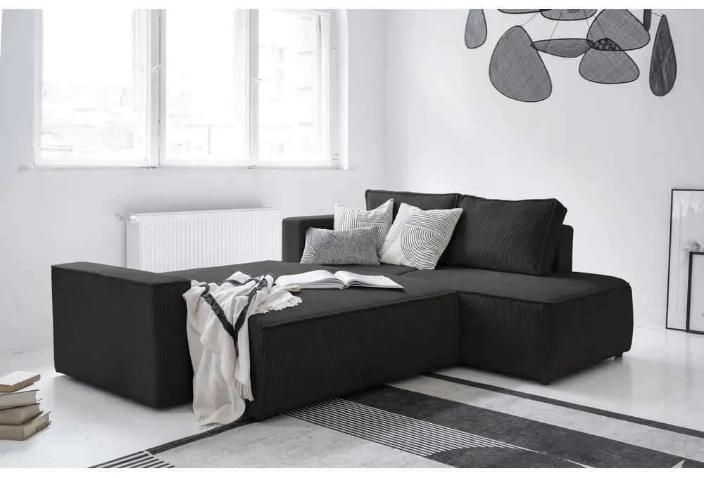 Colțar gri antracit extensibil cu tapițerie din catifea reiată (cu colț pe partea dreaptă) Brave Dave – Miuform