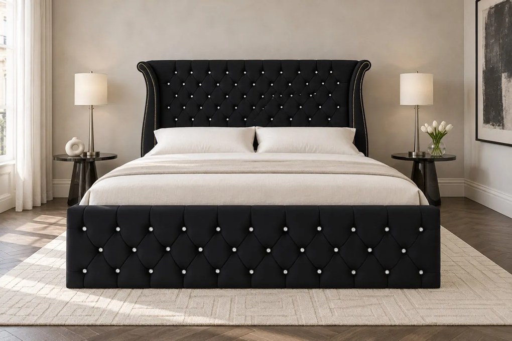 Pat tapițat din catifea Zafira 140×200 cm, negru, cu ladă de depozitare