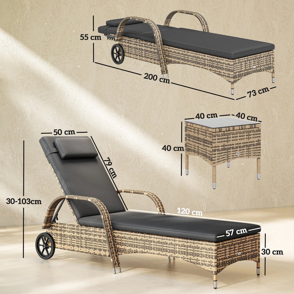 Outsunny Set de 2 șezlonguri : saltea, tetieră, înclinare reglabilă, roți + măsuță de cafea cu sticlă securizată gri închis | Aosom Romania