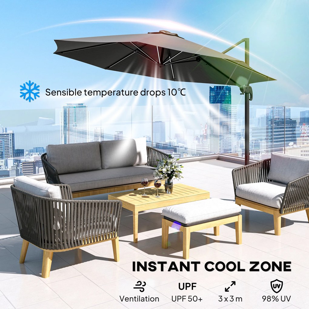 Outsunny Umbrelă de Soare Exterioară cu Lumini LED și Unghi Reglabil, Umbrelă de Grădină din Aluminiu și Poliester, Ø3x2.5 m, Gri | Aosom Romania