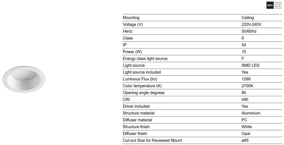 Spot LED baie incastrabil tavan IP54 DOP 15W 2700K alb