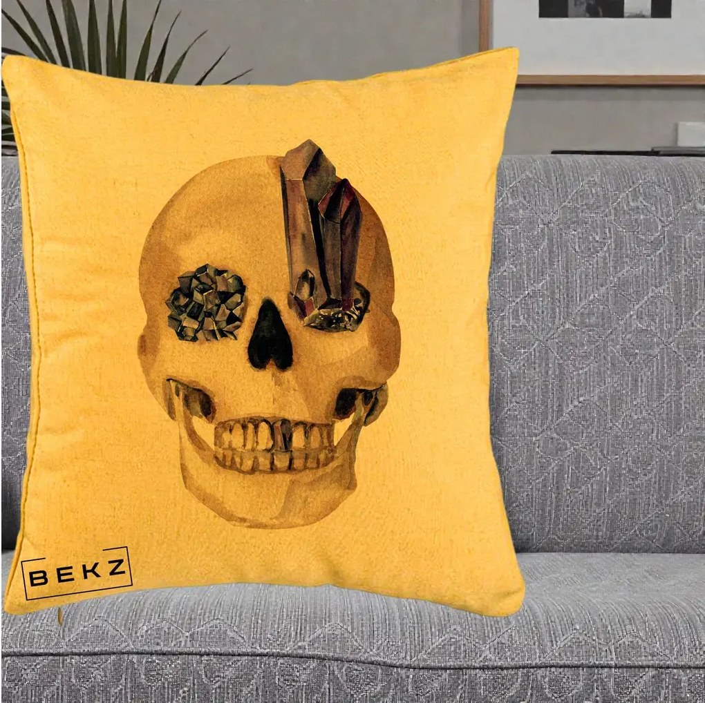 Perna Decorativa Craniu cu Cristale de Ametist, 40x40 cm, Galben, Husa Detasabila, Perna Inclusa, BEKZ®