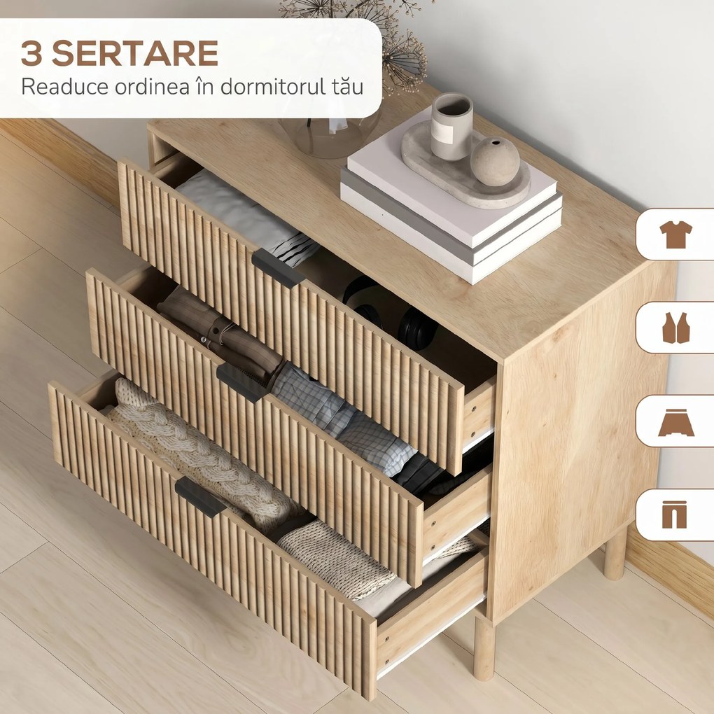 HOMCOM Comodă cu 3 Sertare, Picioare din Lemn Masiv și Design Canelat, 80x40x77,5 cm, Lemn Natural | Aosom Romania