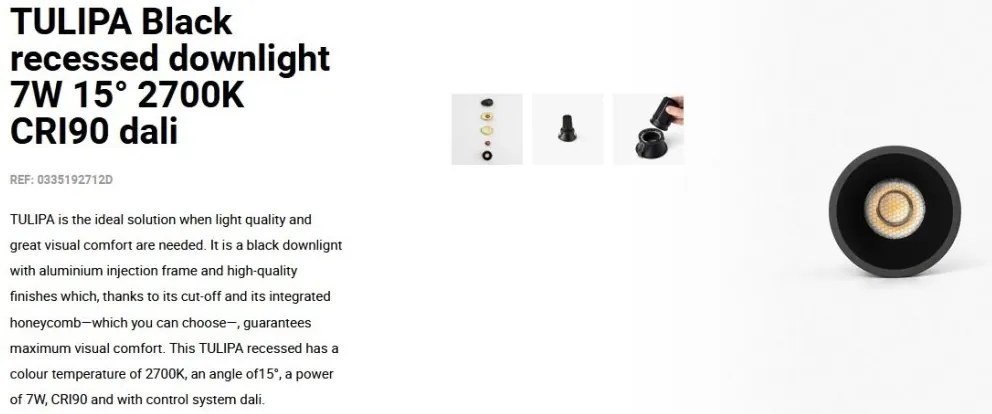 Spot LED incastrabil TULIPA Black recessed downlight 7W 15° 2700K CRI90 dali