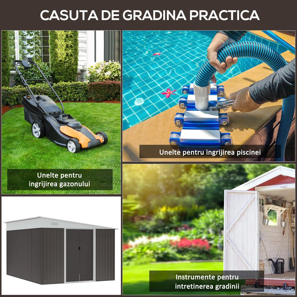 Outsunny Magazie de Grădină cu Ușă Glisantă din Oțel Zincat Gri | Aosom Romania
