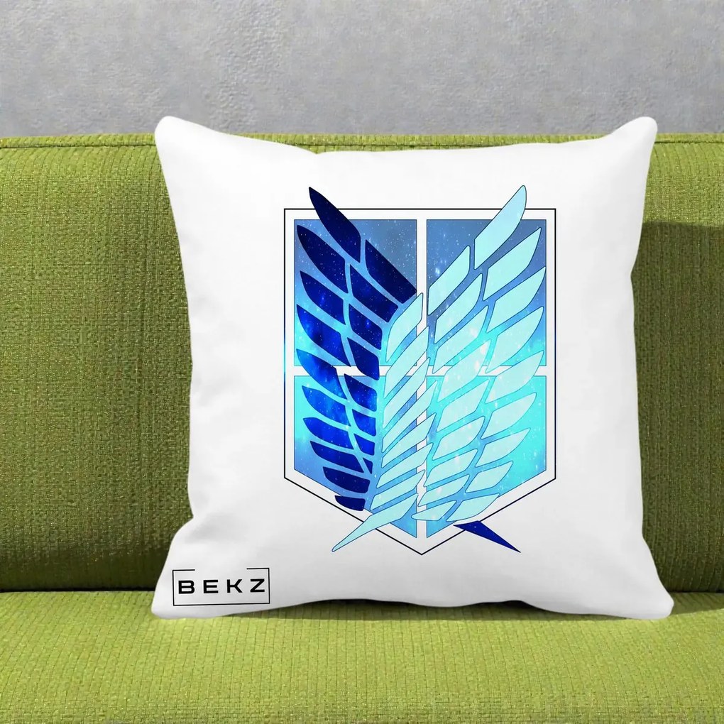 Perna Personalizata Attack on Titan Wings of Freedom, 40x40 cm, Alba Mata, Husa Detasabila, Perna Inclusa, BEKZ®