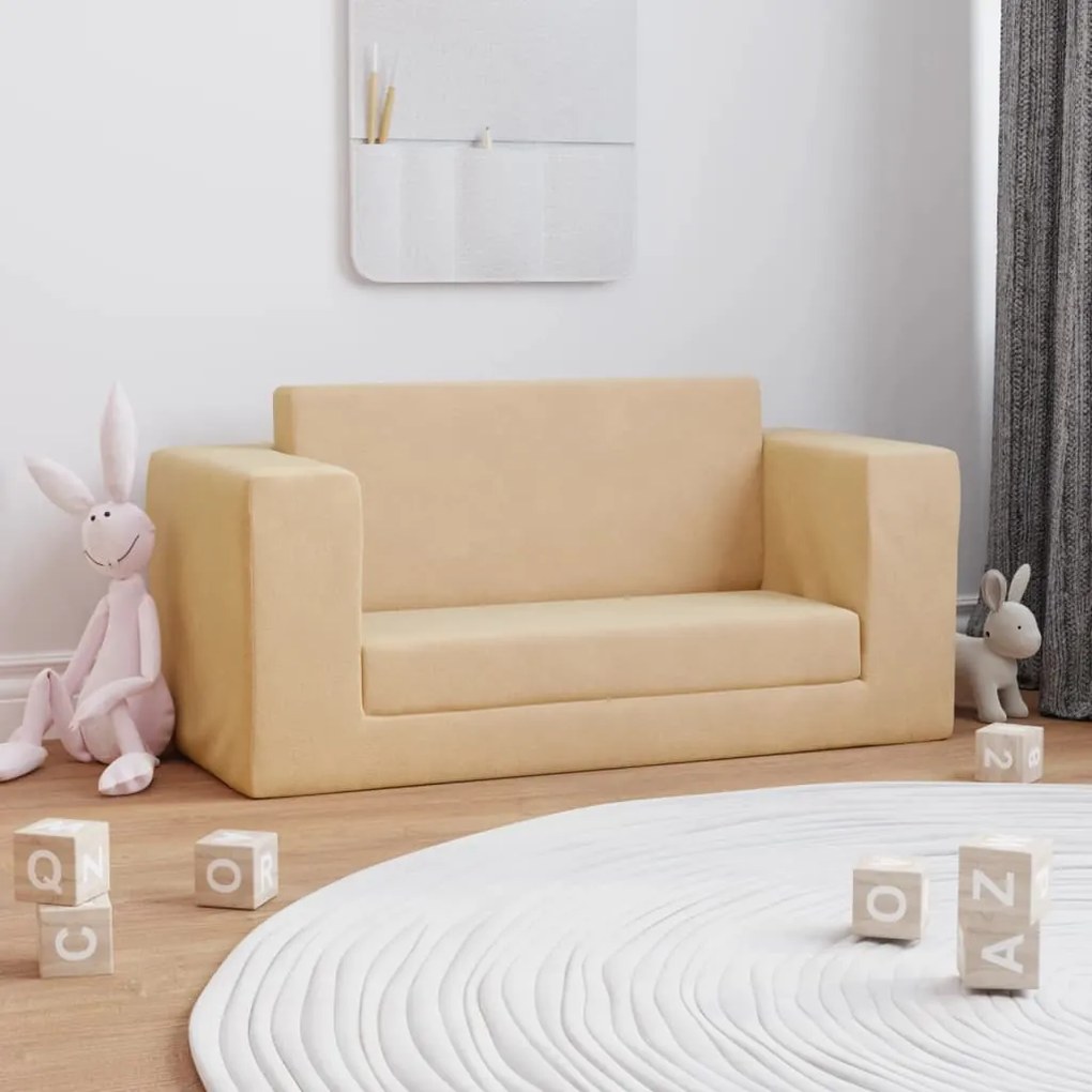 341854 vidaXL Canapea extensibilă de copii cu 2 locuri, crem, pluș moale