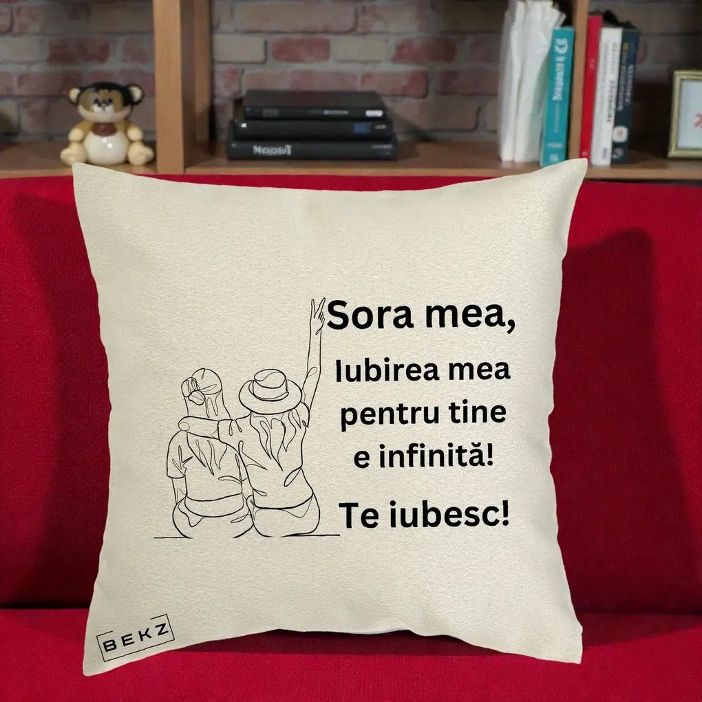 Cadou pentru Sora - Perna Personalizata Sora Mea Te Iubesc Line Art Portrete Colorate, 40x40 cm, Ecru, Husa Detasabila, Perna Inclusa, BEKZ®