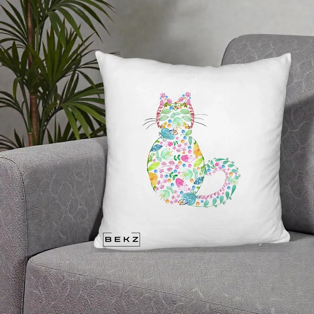 Perna Decorativa Pisica Florala Acuarela, 40x40 cm, Alb Pufos, Husa Detasabila, Perna Inclusa, BEKZ®