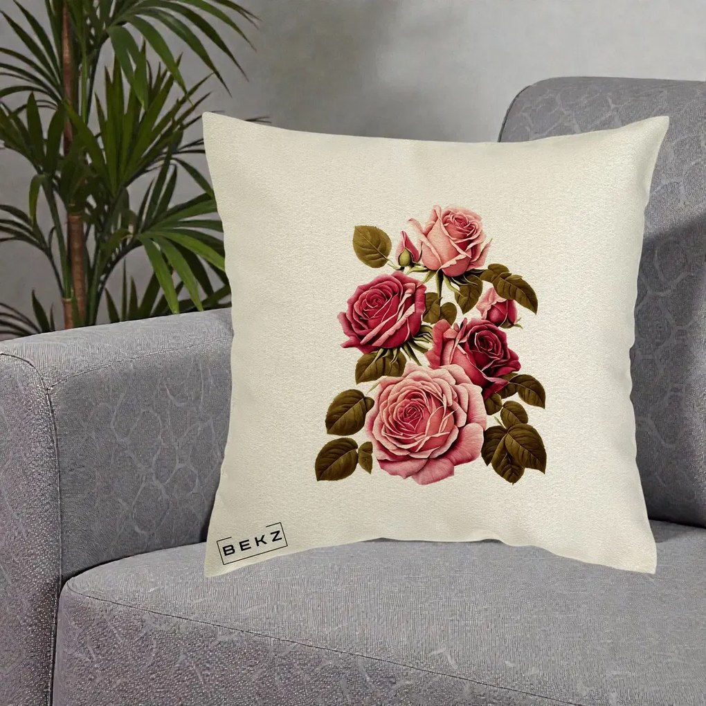 Perna Decorativa Trandafiri Vintage Roz-Rosii, 40x40 cm, Ecru, Husa Detasabila, Perna Inclusa, BEKZ®