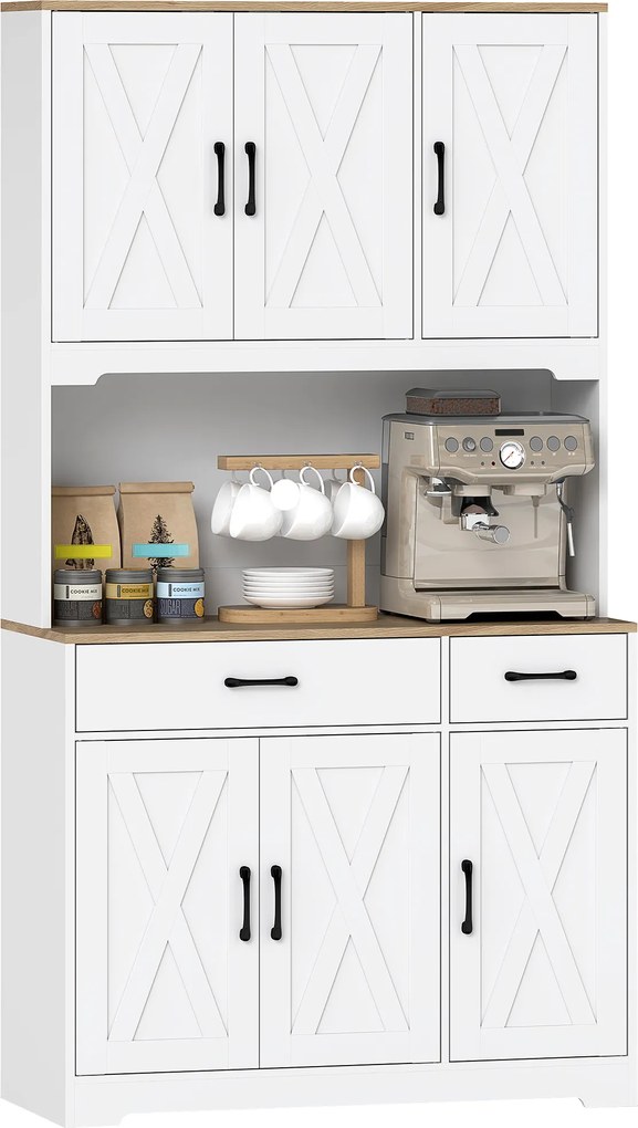 HOMCOM Bufet înalt bucătărie dulap de bucătărie cu 6 uși 2 sertare blat rafturi reglabile 94x39,5x175,2cm alb | Aosom Romania