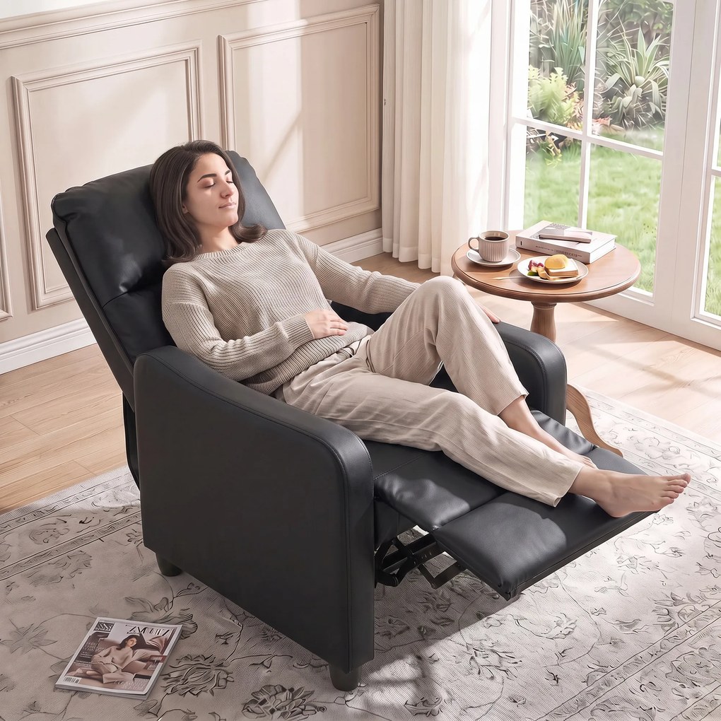 HOMCOM Fotoliu Relax Reclinabil Manual 155° cu Suport pentru Picioare, din Piele Ecologică PU, pentru Living și Dormitor, 69x91x100 cm, Negru | Aosom Romania