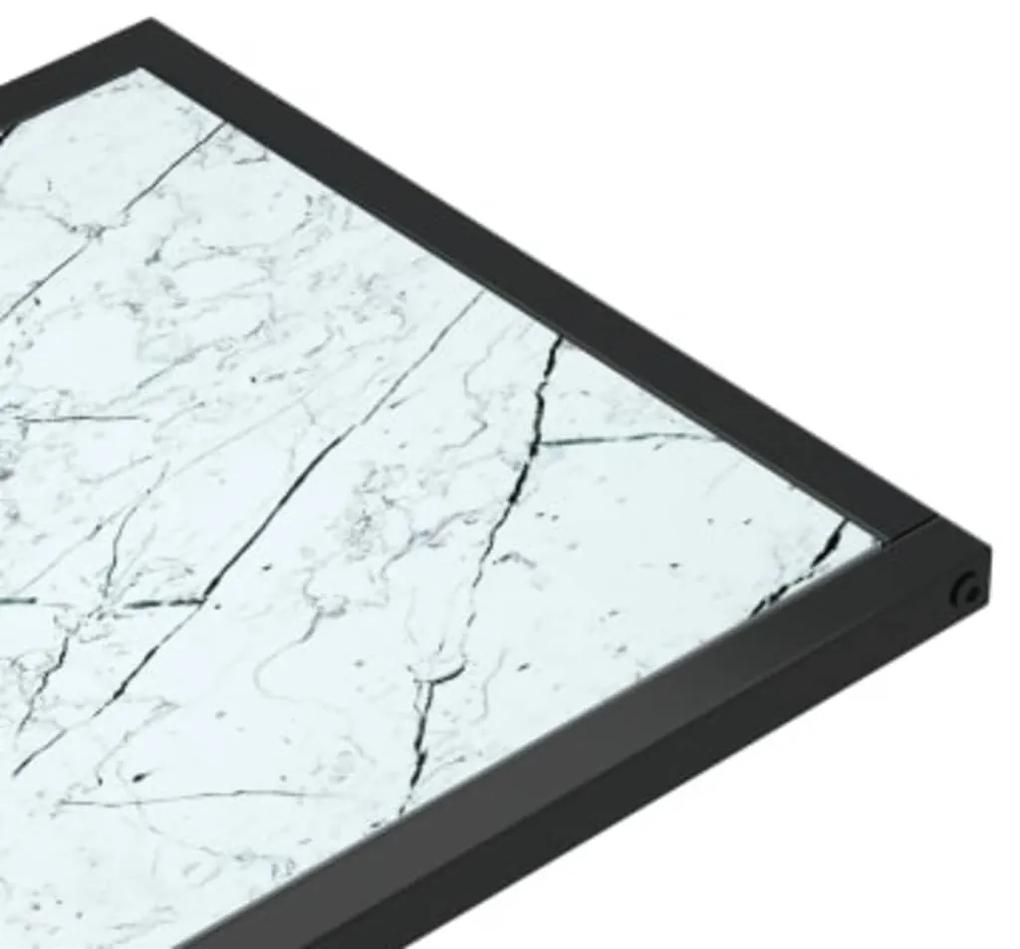 Masa laterala de calculator, alb marmura, 50x35x65 cm, sticla 1, negru si alb marmorat