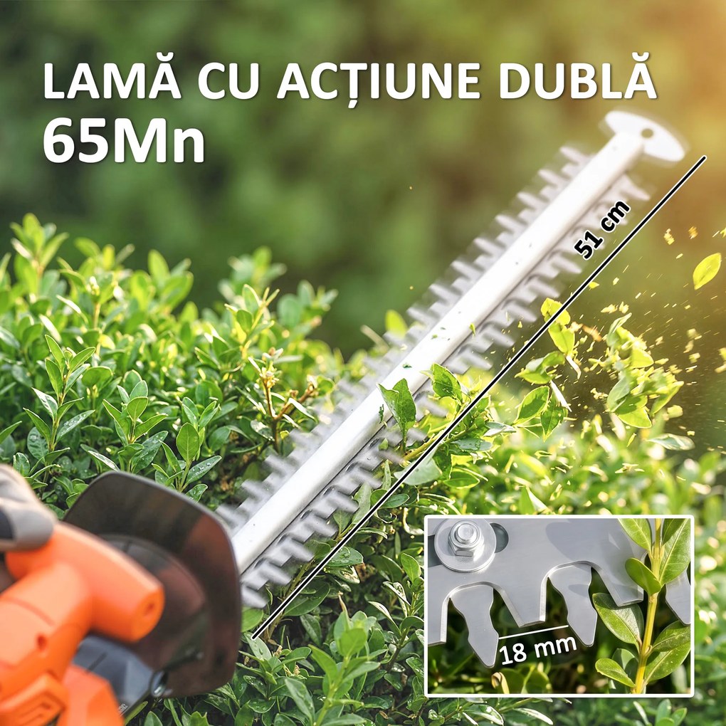 Outsunny Trimmer pentru Gard Viu pe Baterie 18V, Trimmer pentru Grădină cu 2 Baterii de 4Ah, Încărcător, Târnă Telescopică Reglabilă din Aluminiu, Lamă Cu Acțiune Dublă de 51cm pentru Ramuri, Portocaliu | Aosom Romania