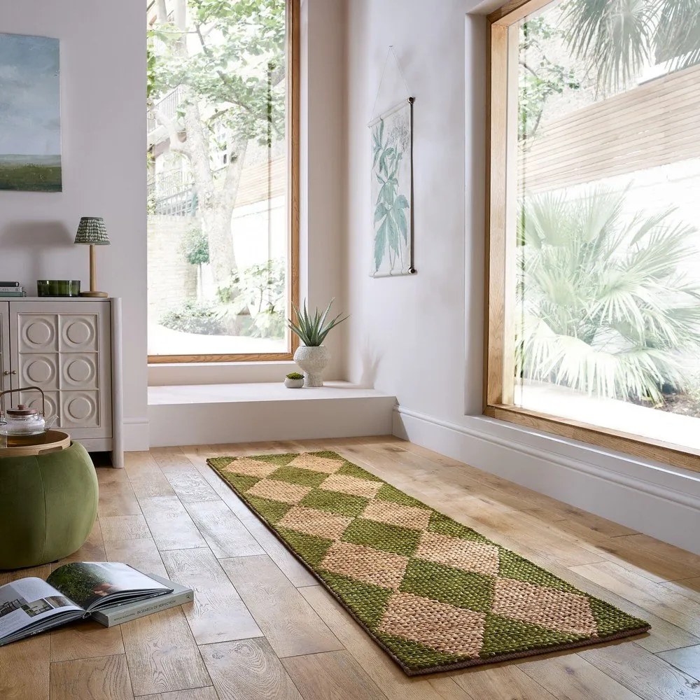 Covor tip traversă verde/în culoare naturală țesut manual din amestec de iută 80x230 cm Effie Diamond – Flair Rugs